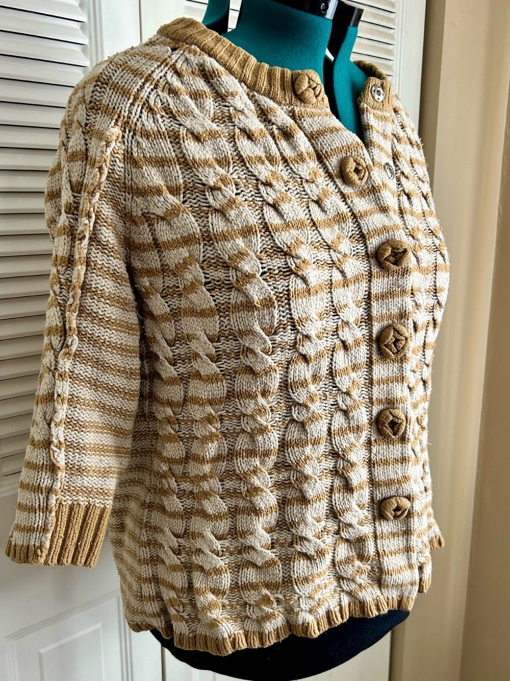 Architect Chunky Cable Knit Cardigan Sweater Tan/Cream Striped Boho Cozy XL